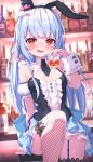  1girl :d absurdres animal_ears bare_shoulders black_hairband black_headwear black_leotard blue_hair blue_skirt blush bottle breasts commentary_request cup detached_sleeves drink drinking_glass fake_animal_ears fishnet_thighhighs fishnets frilled_leotard frills garter_straps hairband hand_up hat highres holding holding_cup hololive indoors knee_up leotard long_hair looking_at_viewer masaki_(msk064) mini_hat mini_top_hat pleated_skirt puffy_short_sleeves puffy_sleeves rabbit_ears red_eyes short_eyebrows short_sleeves skirt small_breasts smile solo thick_eyebrows thighhighs top_hat usada_pekora very_long_hair virtual_youtuber white_sleeves wrist_cuffs 