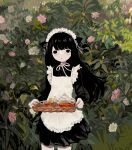  1girl apron black_eyes black_hair blush cowboy_shot cup flower food frilled_apron frills fruit highres holding holding_tray leaf lemon lemon_slice long_hair looking_at_viewer maid maid_apron maid_headdress original pink_flower plant shiromomo_sofuto solo teapot tray white_apron white_flower 