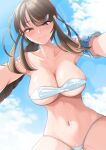  1girl absurdres armband bikini blue_sky breasts brown_eyes brown_hair cleavage closed_mouth cloud collarbone commission english_commentary girl_on_top highres large_breasts long_hair looking_at_viewer navel nukigee_mitai_na_shima_ni_sunderu_watashi_wa_dou_surya_ii_desu_ka? pixiv_commission poolpool pov sky smile solo strapless strapless_bikini swimsuit tadasugawa_rei thighhighs underboob white_bikini 