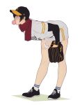  1girl ball baseball baseball_cap baseball_mitt baseball_uniform bent_over black_eyes black_hair breasts bubble_blowing commentary full_body hands_on_own_legs hanpetos hat highres holding holding_ball medium_breasts mikasa_ackerman profile red_scarf scarf shingeki_no_kyojin shoes short_hair short_shorts shorts sneakers socks solo sportswear white_socks 