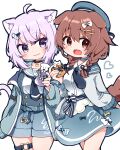  2girls :3 ahoge animal_ear_fluff animal_ears beret black_choker black_jacket blue_shorts blush bra brown_hair cat_ears cat_girl cat_o-ring cat_tail chibi choker closed_mouth commentary dog_ears dog_tail dragon_girl fang hat hololive hoso-inu inugami_korone jacket lace-trimmed_bra lace_trim long_sleeves looking_at_another looking_at_viewer low_twintails multiple_girls nekomata_okayu o-ring o-ring_thigh_strap official_alternate_costume open_mouth purple_hair rabiiandrain short_hair shorts sideways_glance skin_fang smile tail thigh_strap twintails underwear virtual_youtuber 