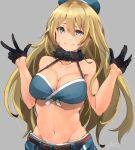  1girl adapted_costume atago_(kancolle) belt beret bikini bikini_top_only black_gloves blonde_hair blue_bikini blue_headwear breasts gloves green_eyes grey_background groin half_gloves hat highres kantai_collection large_breasts long_hair navel salute simple_background smile solo sunday_aki swimsuit upper_body v vulcan_salute 