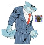  2023 anthro bebebebebe biped blue_body claws clothing digital_media_(artwork) eyewear finger_claws fish gills grey_clothing grey_suit hi_res male marine mr._jawsum multicolored_body necktie omori_(game) pinstripe_pants pinstripe_suit pinstripes red_necktie shark sharp_teeth shirt simple_background solo suit sunglasses teeth topwear two_tone_body white_background white_clothing white_shirt white_topwear 