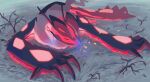  claws closed_eyes commentary glowing grass highres horns lying no_humans outdoors pokemon pokemon_(creature) solo symbol-only_commentary torinoko_(miiko_draw) yveltal 