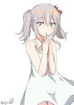  1girl absurdres alternate_costume dress grey_eyes grey_hair highres kantai_collection kashima_(kancolle) long_hair looking_at_viewer one-hour_drawing_challenge own_hands_together robinson_(day_l_full) sidelocks simple_background smile solo sundress twintails twitter_username wavy_hair white_background white_dress 