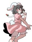  1girl :d absurdres animal_ears bangs black_hair bloomers carrot_necklace commentary eddybird55555 english_commentary feet_out_of_frame floppy_ears highres inaba_tewi index_finger_raised jewelry looking_at_viewer necklace rabbit_ears rabbit_girl red_eyes short_hair short_sleeves simple_background smile solo touhou underwear white_background 