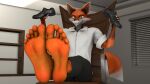  3d_(artwork) 5_toes alexreindeer anthro barefoot black_clothing black_footwear black_shoes bottomwear canid canine chair clothing cunning digital_media_(artwork) dominant dominant_anthro dominant_male feet first_person_view foot_focus footwear fox fox_tail furniture hi_res hindpaw humanoid_feet inside looking_at_viewer male mammal model no_shoes office_chair office_clothing on_chair pants paws plantigrade red_body red_fox shirt shoes shoes_removed sitting sitting_on_chair sly smile smirk smug soles solo source_filmmaker teasing toes topwear warfare_machine warfaremachine white_clothing white_shirt white_topwear wiggle 