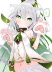  1girl :o animal_ear_fluff animal_ears animal_hands bare_shoulders bloomers blush breasts cat_ears cat_girl cat_tail cisyo commentary_request cross-shaped_pupils dress genshin_impact gloves green_eyes green_hair grey_hair hair_between_eyes hands_up highres kemonomimi_mode long_hair looking_at_viewer multicolored_hair nahida_(genshin_impact) navel parted_lips paw_gloves simple_background small_breasts solo streaked_hair symbol-shaped_pupils tail translation_request underwear very_long_hair white_background white_bloomers white_dress white_gloves 