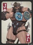  1boy axe bara bare_shoulders battle_axe beard brown_hair bulge clenched_hand eyebrow_cut facial_hair fake_horns feet_out_of_frame forearms hands_up helmet highres horned_helmet horns leotard long_beard long_hair long_mustache looking_at_viewer male_focus mature_male muscular muscular_male old old_man original pectorals scar scar_across_eye sidepec solo standing strapless strapless_leotard thick_eyebrows thick_mustache thick_thighs thigh_strap thighs tooboshoo weapon weapon_behind_back 