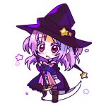  1girl black_cape black_headwear blush brown_footwear cape chibi fold-over_boots full_body hat holding holding_scythe magia_record:_mahou_shoujo_madoka_magica_gaiden magical_girl mahou_shoujo_madoka_magica misono_karin open_mouth parted_bangs parted_hair pink_ribbon purple_eyes purple_hair ribbon rro_del scythe simple_background skirt solo standing star_(symbol) two_side_up white_background white_skirt witch_hat yellow_gemstone 