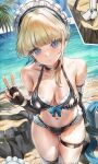  1girl bikini black_bikini blonde_hair blue_archive blue_eyes breasts commentary_request highres looking_at_viewer medium_breasts qian_wu_atai solo swimsuit toki_(blue_archive) v 