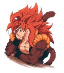  1boy absurdres biceps black_wristband blue_eyes body_fur closed_mouth dragon_ball dragon_ball_gt gogeta highres looking_at_viewer male_focus metamoran_vest monkey_boy monkey_tail muscular muscular_male no_nipples pectorals red_hair relio_db318 simple_background solo spiked_hair super_saiyan super_saiyan_4 tail 