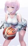  1girl ball bare_shoulders basketball bent_over blunt_bangs breasts commentary feet_out_of_frame highres holding holding_ball medium_breasts off_shoulder original parted_lips pink_hair purple_eyes short_hair short_shorts shorts solo standing sthk thigh_strap thighs white_shorts 