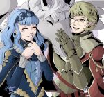  1boy 1girl armor blue_hair brown_eyes closed_eyes fire_emblem fire_emblem:_three_houses fire_emblem_warriors:_three_hopes green_hair highres ignatz_victor marianne_von_edmund one_eye_closed open_mouth pegasus platinum_ami smile upper_body 