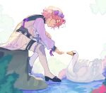  1boy bird closed_mouth ensemble_stars! facing_to_the_side highres lake long_sleeves looking_at_animal looking_down male_focus official_alternate_costume oukawa_kohaku pink_hair purple_eyes shirokumun short_hair sitting_on_rock smile solo swan 