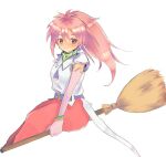  1girl arche_klein belt bracelet broom closed_mouth earrings elbow_gloves gloves jewelry korunosabu long_hair looking_at_viewer pants pink_eyes pink_hair pink_pants ponytail simple_background smile solo tales_of_(series) tales_of_phantasia white_background wide_ponytail 