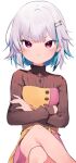  1girl :t blue_hair blush brown_sweater closed_mouth colored_inner_hair crossed_arms crossed_legs hair_ornament hairclip highres lize_helesta lize_helesta_(5th_costume) looking_at_viewer multicolored_hair nijisanji pout purple_eyes short_hair sitting solo sukuna136 sweater two-tone_dress v-shaped_eyebrows virtual_youtuber white_hair 