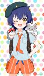  1girl ;d backpack bag beret black_headwear blue_hair blue_shirt cinccino collarbone collared_shirt commentary_request cosplay cowboy_shot crossover drawstring gochuumon_wa_usagi_desu_ka? hair_between_eyes hand_on_own_hip hat highres holding holding_poke_ball jouga_maya looking_at_viewer mitya multicolored_polka_dots necktie on_shoulder one_eye_closed open_mouth orange_eyes orange_necktie orange_shorts outstretched_arm pocket poke_ball poke_ball_(basic) pokemon pokemon_(game) pokemon_sv polka_dot polka_dot_background shirt short_hair short_sleeves shorts simple_background smile star_(symbol) striped striped_shorts tilted_headwear twitter_username vertical-striped_shorts vertical_stripes white_background yellow_eyes 