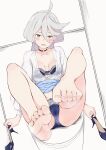  absurdres bare_legs barefoot blue_skirt bra clothes_lift feet feet_up gundam gundam_suisei_no_majo high_heels highres holding holding_shoes kok_(kokenn) lace lace-trimmed_bra lace-trimmed_panties lace_panties lace_trim leg_up long_hair miorine_rembran panties see-through shirt shoes skirt skirt_lift soles toes underwear white_shirt 