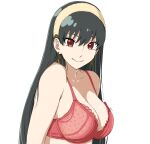  1girl bare_shoulders black_hair bra breasts cleavage closed_mouth commentary earrings gold_earrings hairband highres jewelry large_breasts long_hair looking_at_viewer mitsugu red_bra red_eyes simple_background smile solo spy_x_family underwear upper_body white_background yellow_hairband yor_briar 