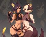  2boys animal_ears black_gloves black_hair black_panties black_shirt black_thighhighs blonde_hair blush brown_panties cat_boy cat_ears cat_tail cleavage_cutout clothing_cutout collar commission cowboy_shot crop_top crown dark-skinned_male dark_skin dragon_boy dragon_horns dragon_tail erection fingerless_gloves gloves grey_shirt hair_between_eyes highres holding holding_leash horns large_penis leash leash_on_penis mini_crown multiple_boys multiple_penises mythrunadraw original otoko_no_ko panties penis second-party_source shirt short_hair sleeveless sleeveless_shirt spiked_collar spikes tail thighhighs uncensored underwear virtual_youtuber yellow_eyes zoom_layer 