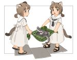  2girls akai_sashimi animal_ears black_footwear black_neckerchief brown_hair closed_mouth dress eel flip-flops full_body furoshiki grey_eyes highres holding multiple_girls neckerchief open_mouth raised_eyebrows ribbon sailor_dress sandals short_ponytail short_twintails signature tail tiles twintails white_background white_dress white_ribbon 