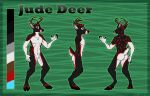  5_fingers anthro antlers black_body black_fur blue_eyes deer fingers fur hi_res hooves horn jude_deer male mammal model_sheet mosstheopossum red_body red_fur solo white_body white_fur 