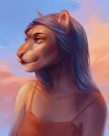  4:5 anthro artist_name blue_eyes blue_hair blue_sky brown_body bust_portrait clothed clothing cloud felid female glistening glistening_eyes hair hi_res mammal marie_merkh mouth_closed narrowed_eyes portrait red_clothing red_topwear sky sky_background solo topwear 