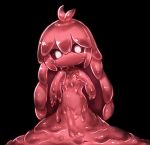 1girl black_background black_sclera breasts closed_mouth colored_sclera commentary_request futemochi hands_up heart light_frown lobotomy_corporation looking_at_viewer melting_love monster_girl no_nose project_moon simple_background slime_girl small_breasts solo white_eyes 