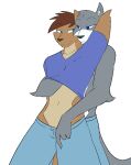  animated anthro arm_tuft blue_bottomwear blue_clothing blue_eyes blue_pants blue_shirt blue_topwear book_of_lust bottomwear brown_hair canid canine canis clothed clothing collarbone dancing duo elbow_tuft english_text fur fur_tuft grey_body grey_ears grey_fur grey_tail hair hand_under_shirt kanashiipanda loop male male_focus mammal pants partially_clothed shirt tan_body tan_ears tan_fur text topless topwear tuft wolf 
