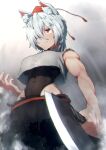  1girl absurdres animal_ears black_skirt breasts hair_over_one_eye hat highres inubashiri_momiji leotard leotard_under_clothes muscular muscular_female one_eye_covered red_eyes shirt short_hair skirt solo sotatsudraw tail tokin_hat touhou turtleneck underboob white_hair white_shirt wolf_ears wolf_girl wolf_tail 