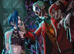  1boy 2girls arcane:_league_of_legends arcane_jinx arcane_vi arm_tattoo arms_behind_back arms_up batuhu bdsm blood blood_on_face blood_on_hands blue_hair bondage bound bound_wrists braid captivity chain chained chest_tattoo clown crossover facepaint facial_tattoo formal graffiti green_hair hair_over_one_eye hand_wraps highres jacket jinx_(league_of_legends) joker_(2019) joker_(dc) league_of_legends long_hair midriff multiple_girls neck_tattoo open_clothes open_jacket red_hair red_suit short_hair shoulder_tattoo stomach_tattoo suit tattoo tears tears_from_one_eye twin_braids vi_(league_of_legends) wrist_cuffs 