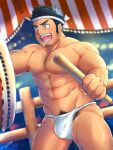  1boy abs arm_hair armpit_hair armpit_peek ass_visible_through_thighs bara blush bulge chest_hair covered_penis drum drumming drumsticks excessive_pubic_hair feet_out_of_frame flaccid frown fundoshi hachimaki hairy headband highres instrument japanese_clothes large_pectorals leg_hair looking_away male_focus male_pubic_hair mature_male muscular muscular_male navel navel_hair nipples original pectorals pubic_hair short_hair shouting sideburns solo stomach sweat taiko_drum tepen_(tptptpn) thick_eyebrows thick_thighs thighs topless_male 