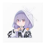  1girl atsuko_(blue_archive) blue_archive blush bow closed_mouth hair_between_eyes hair_bow halo highres hood hood_up hooded_jacket jacket long_hair long_sleeves mikozin orange_bow penetration_gesture purple_hair red_eyes smile solo upper_body white_jacket 