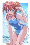  1girl blue_eyes blue_one-piece_swimsuit blue_sky breasts brown_hair cloud commission competition_swimsuit day hand_on_own_knee konoe_haruka leaning_forward long_hair love_live! love_live!_nijigasaki_high_school_idol_club medium_breasts nikulas_cage ocean one-piece_swimsuit open_mouth outdoors pixiv_commission round_teeth sky solo swimsuit teeth twintails two-tone_swimsuit upper_teeth_only water 