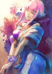  1girl blue_eyes breasts clothing_cutout dougi highres hime_cut hip_vent manon_legrand martial_arts_belt miyama_(lacrima01) off_shoulder pink_hair short_hair_with_long_locks sidelocks solo street_fighter street_fighter_6 wristband 