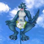  absurd_res animate_inanimate anthro balloon clothed clothing cloud diaper dinosaur happy hatchthepigeon hi_res holding_tail inflatable living_balloon living_inflatable looking_at_viewer male mylar_balloon open_mouth pattern_diaper pool_toy pull-ups_(diaper) reptile scalie skipper(zoran) sky solo string tail teeth_showing theropod tongue tyrannosaurid tyrannosaurus tyrannosaurus_rex wearing_diaper 
