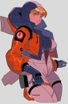  1girl absurdres apex_legends blonde_hair blue_gloves bodysuit breasts cropped_legs gloves grey_background highres hood hooded_bodysuit jacket large_breasts long_sleeves looking_at_viewer ningensei scar scar_on_cheek scar_on_face short_hair simple_background solo wattson_(apex_legends) 