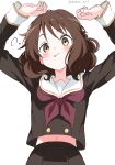  1girl absurdres arms_up blush brown_eyes brown_hair brown_serafuku brown_shirt brown_skirt commentary commentary_request curly_hair hibike!_euphonium highres kitauji_high_school_uniform long_sleeves midriff_peek navel neckerchief oumae_kumiko pleated_skirt red_neckerchief sailor_collar school_uniform serafuku shirt skirt uniform watermark white_gorilla_(okamoto) white_sailor_collar 