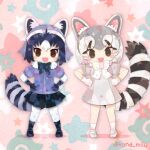  2girls animal_ears black_eyes blue_hair bow bowtie common_raccoon_(kemono_friends) elbow_gloves extra_ears gloves grey_hair kemono_friends kikuchi_milo looking_at_viewer multiple_girls open_mouth pantyhose ringtail_(kemono_friends) shirt shoes short_hair simple_background skirt socks tail 