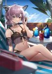  1girl absurdres ahoge animal_ears arknights bare_legs bare_shoulders beach_chair bikini black_bikini black_choker blue_eyes blue_hawaii blurry blurry_foreground can choker cup day depth_of_field drinking_glass earpiece extra_ears fox_ears frown hand_up highres holding hurricane_glass looking_at_viewer molyb navel official_alternate_costume oripathy_lesion_(arknights) outdoors pink_hair short_hair sitting soda_can solo stomach sussurro_(arknights) sussurro_(summer_flowers)_(arknights) swimsuit tropical_drink 
