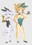  angela_cross anthro arm_grab beverage blue_eyes blush breasts bunny_costume cleavage clothed clothing costume cute_fangs duo female fur gesture green_eyes hair head_tuft hi_res kemono larger_female lombax looking_at_viewer mammal ponytail pose prosthetic prosthetic_arm prosthetic_limb ratchet_and_clank rivet_(ratchet_and_clank) size_difference smaller_female sony_corporation sony_interactive_entertainment striped_body stripes tuft waving waving_at_viewer waving_hand 