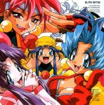  1990s_(style) 4girls antenna_hair aqua_eyes artist_name bandana bloodberry blue_eyes blue_hair breasts brooch cherry_(saber_j) cleavage earrings fang fangs fingerless_gloves gloves grin headband index_finger_raised jewelry lime_(saber_j) long_hair long_sleeves looking_at_viewer medium_breasts multiple_girls non-web_source official_art open_mouth pale_skin purple_hair red_eyes red_gloves red_hair retro_artstyle saber_marionette_j shimamura_hidekazu smile 