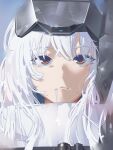  1girl absurdres cloak closed_mouth commentary_request drooling expressionless gloomyowl goddess_of_victory:_nikke hair_between_eyes highres long_hair looking_at_viewer orange_eyes portrait saliva snow_white_(nikke) solo visor_(armor) visor_lift white_cloak white_hair 