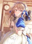  1girl apron blue_dress blurry blurry_background bow brown_eyes brown_hair dress highres holding ina_(inadahime) indoors long_hair looking_at_viewer maid maid_headdress original puffy_short_sleeves puffy_sleeves short_sleeves solo white_apron 