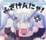  1girl anger_vein animal_(vocaloid) anime_screencap artist_request bare_shoulders belt bent_over black_dress blue_hair blurry blurry_foreground cat_hair_ornament cone_hair_bun crane_(machine) double_bun dress facial_mark fangs hair_bun hair_ornament hairclip hatsune_miku kikuratama leaning_forward light_blue_hair line_sticker_available lowres mannequin_(vocaloid) open_mouth second-party_source slit_pupils solo strapless strapless_dress surprised suspenders twintails twitching upper_body v-shaped_eyebrows vocaloid wavy_mouth whisker_markings wide-eyed yellow_eyes 