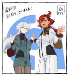  2girls :d ahoge aqua_eyes asticassia_school_uniform black_hairband blush brown_pantyhose cowboy_shot dated front-seamed_legwear green_jacket green_shorts grey_eyes grey_hair gundam gundam_suisei_no_majo hair_between_eyes hairband highres hiroki_(vvkagerouvvr2) holding_hands jacket long_hair long_sleeves looking_at_viewer low_ponytail miorine_rembran multiple_girls open_mouth pantyhose pantyhose_under_shorts red_hair school_uniform seamed_legwear shorts shoulder_boards signature smile standing suletta_mercury swept_bangs thick_eyebrows translation_request white_jacket white_shorts wide_sleeves 