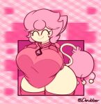  anthro big_breasts breasts clothing collar dewy-eyedboy domestic_cat eyes_closed felid feline felis female fur generation_3_pokemon hair huge_breasts huge_thighs mammal nintendo pink_hair pokemon pokemon_(species) signature skitty smile solo standing tail tan_body tan_fur text thick_thighs wide_hips 