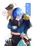  !? 1boy 1girl aoyagi_touya azusawa_kohane black_gloves blonde_hair blue_hair closed_eyes closed_mouth commentary_request cowboy_shot dark_blue_hair epaulettes fingerless_gloves gloves hat highres hizaki_sui hug long_sleeves midriff mole mole_under_eye multicolored_hair pigeon-toed pirate_hat project_sekai short_hair speech_bubble split-color_hair translation_request two-tone_hair white_background 