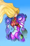  1girl aaron_bissessar arm_cannon ass blonde_hair cropped_legs floating_hair from_behind gravity_suit_(metroid) highres long_hair looking_at_viewer looking_back metroid metroid_dread power_armor power_suit samus_aran simple_background solo standing weapon 